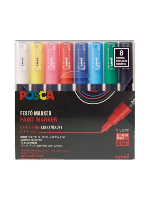Dekormarker készlet, 0,7-1,0 mm, UNI "Posca PC-1M" - 8 színű készlet (fekete, fehér, piros, rózsaszín, kék, világoskék, zöld, sárga)