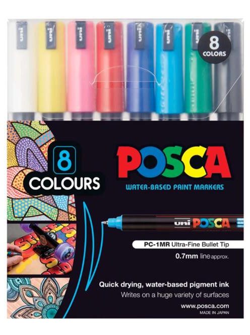 Dekormarker készlet, UNI POSCA PC-1MR - 8 színű készlet (fekete, fehér, piros, rózsaszín, kék, világoskék, zöld, sárga)