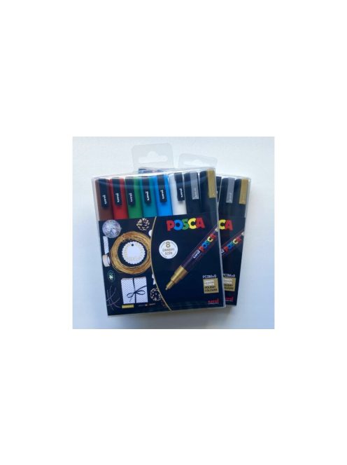Dekormarker készlet, 0,9-1,3 mm, UNI Posca PC-3M - Holiday 8 színű készlet (arany, ezüst, fehér, világoskék, smaragdzöld, zöld, piros, barna)