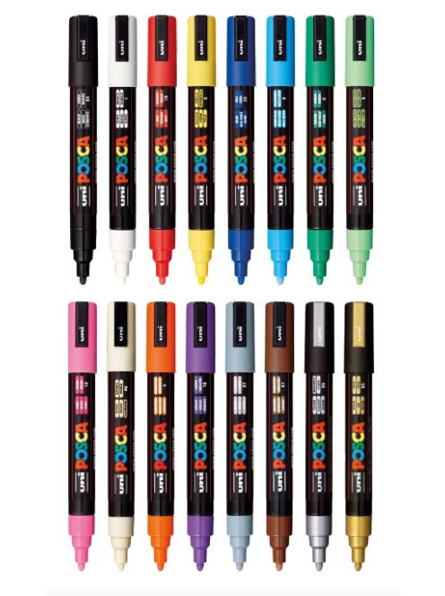 Posca filc készlet, Ecset hegyű, 1-4 mm vastag filcek, UNI Posca PC-5BR - 16 színű készlet