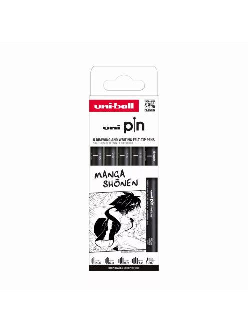 Tűfilc készlet - UNI PIN Manga Shonen 5 db-os készlet - fekete 0.05, 0.3, 0.8, 1.2  és ecsetfilc