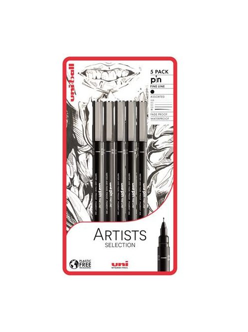 Rajzmarker készlet, UNI PIN "Artist Selection", 5 különböző vonalvastagság, fekete