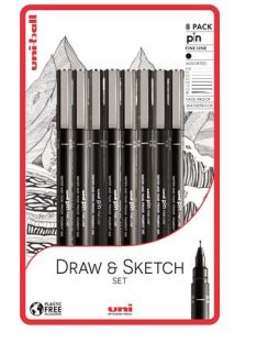 Rajzmarker készlet, UNI PIN "Draw and Sketch", 8 különböző vonalvastagság, fekete