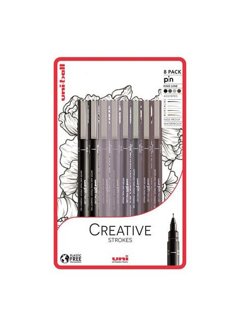 Rajzmarker készlet, UNI PIN "Creative Strokes", 8 különböző vonalvastagság, 4 szín