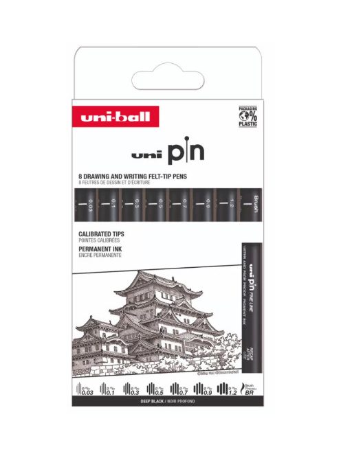 Rajzmarker készlet, UNI PIN "Classic", 8 különböző vonalvastagság, fekete