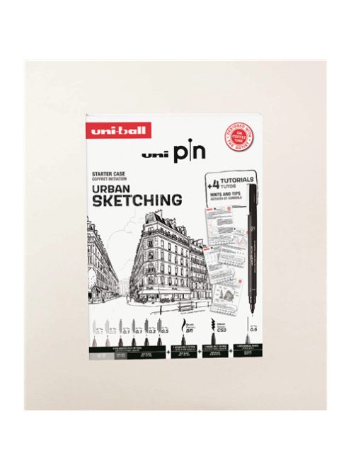Tűfilc készlet - UNI PIN Urban Sketching 9 db-os készlet, Útmutatóval - fekete és szürke tűfilcek