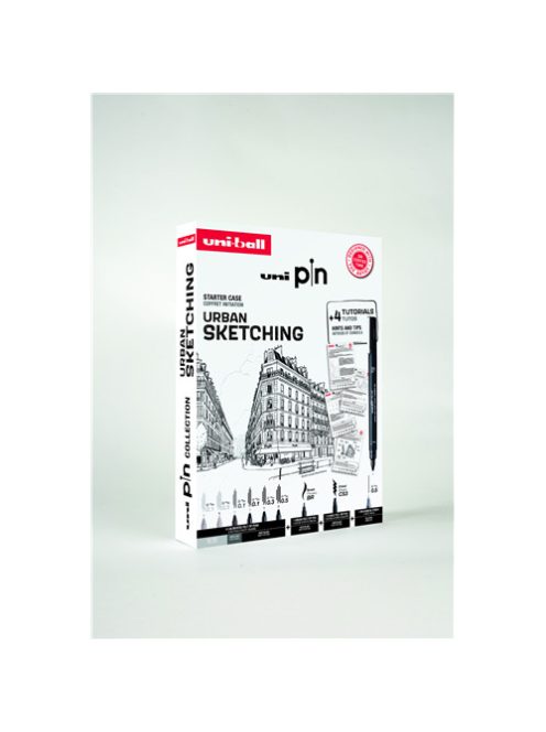 Tűfilc készlet - UNI PIN Urban Sketching 9 db-os készlet, Útmutatóval - fekete és szürke tűfilcek