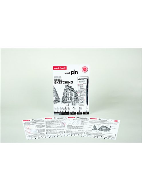 Tűfilc készlet - UNI PIN Urban Sketching 9 db-os készlet, Útmutatóval - fekete és szürke tűfilcek