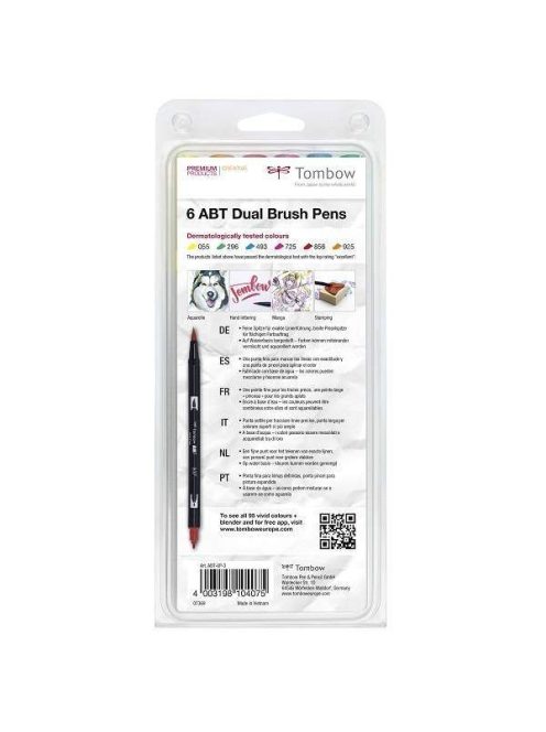 Tombow ABT Dual Brush Pen - Kéthegyű marker filctoll 6 db - bőrgyógyászatilag tesztelt színek