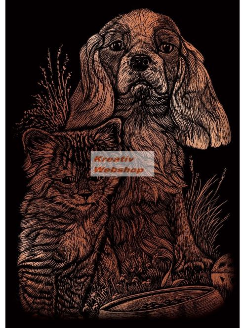 Képkarcoló készlet karctűvel - 13x18 cm - Réz - Kutya és cica