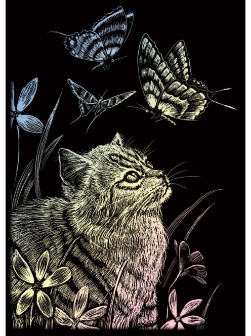 Képkarcoló készlet karctűvel - 13x18 cm - Holografikus - Cica és pillangók