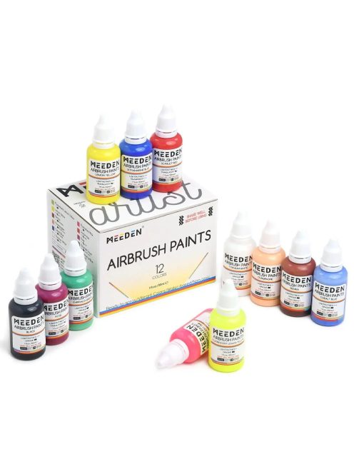 Airbrush készlet - MEEDEN Black Mini Airbrush Kit, Dual-Action Gravity Feed 0.5mm Airbrush, 12 Colors Airbrush Paint Set