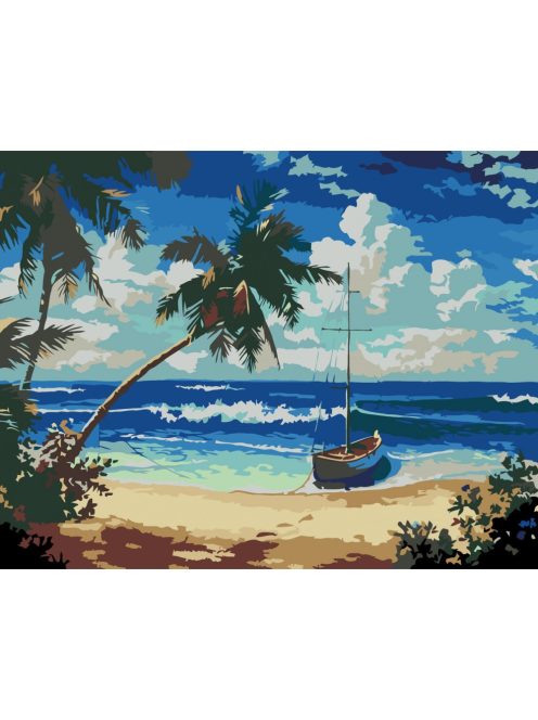 Számozott kifestő készlet vászonra 45x35 cm - Akrilfestékkel, felnőtteknek - Csónak a parton