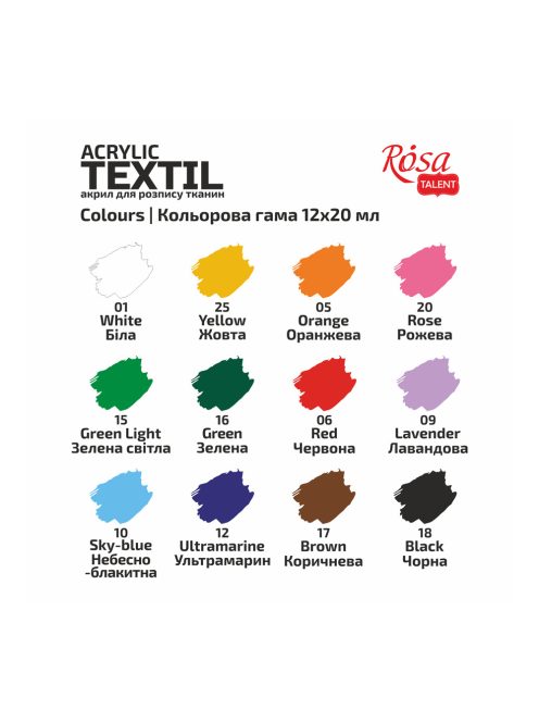 Textilfesték készlet - Rósa Talent - 12 x 20 ml tégelyes - kartondobozban
