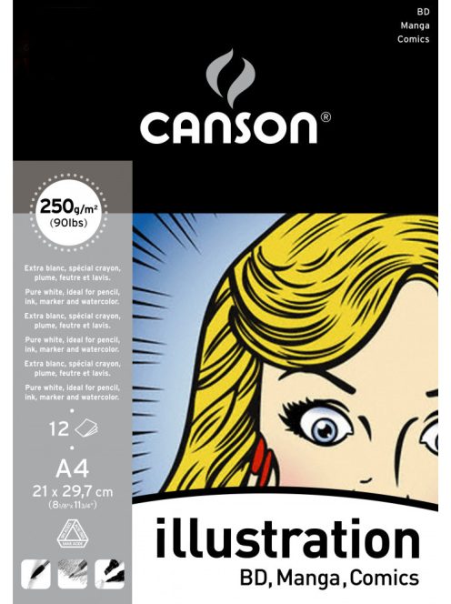 CANSON Illustration & Manga tömb fehér, síma rajzpapír ilusztrációhoz, rövid old. rag. (tus, tinta, filctoll, ceruza, stb..) 250g/m2 12 ív A4