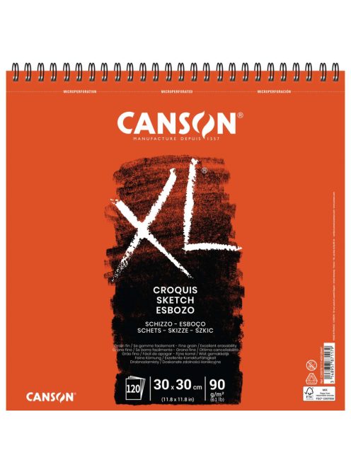 CANSON XL CROQUIS savmentes, csontfehér skiccpapír-tömb rövid oldalán spirálkötött, mikroperforált 90g/m2 120 ív 30x30 cm
