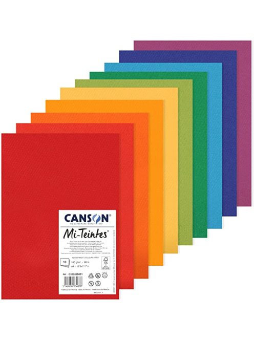 Mi-Teintes CANSON, savmentes színes pasztellkarton csomag 160g/m2 A4 - Élénk vegyes színek, 10 lap