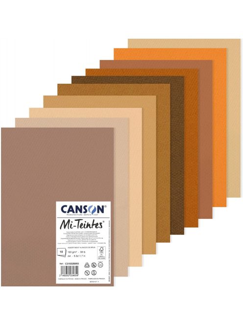 Mi-Teintes CANSON, savmentes színes pasztellkarton csomag 160g/m2 A4 - Barna árnyalatok, 10 lap