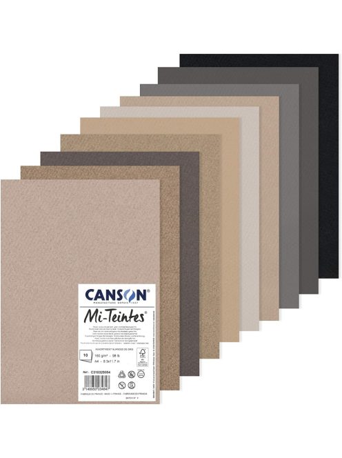 Mi-Teintes CANSON, savmentes színes pasztellkarton csomag 160g/m2 A4 - Szürke árnyalatok, 10 lap