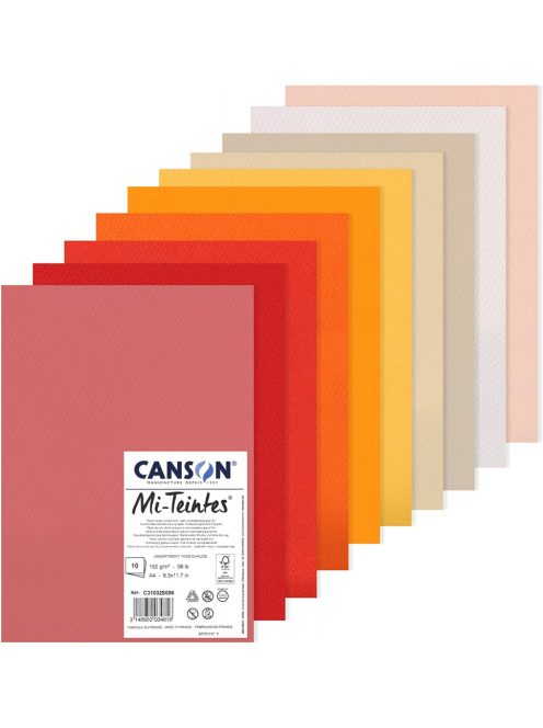 Mi-Teintes CANSON, savmentes színes pasztellkarton csomag 160g/m2 A4 - Meleg színek, 10 lap