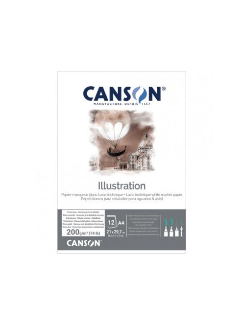 CANSON Illustration Lavis Technique extra fehér, extra síma rajztömb illusztrációhoz és elmosási technikához, rövid old. rag. tollhoz, tintához, 200g 12 ív A4