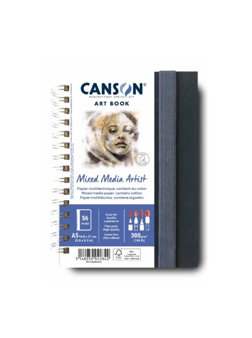 CANSON Books XL MIX MEDIA Portrait könyv, spirálkötött, fekete borítóval, 300g/m2 28 ív 56 lap A5