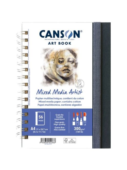 CANSON Books XL MIX MEDIA Portrait könyv, spirálkötött, fekete borítóval, 300g/m2 28 ív 56 lap A4