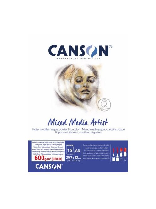 CANSON MIX MEDIA Essentia fehér enyhén szemcsés rajztömb,  600g/m2 A3