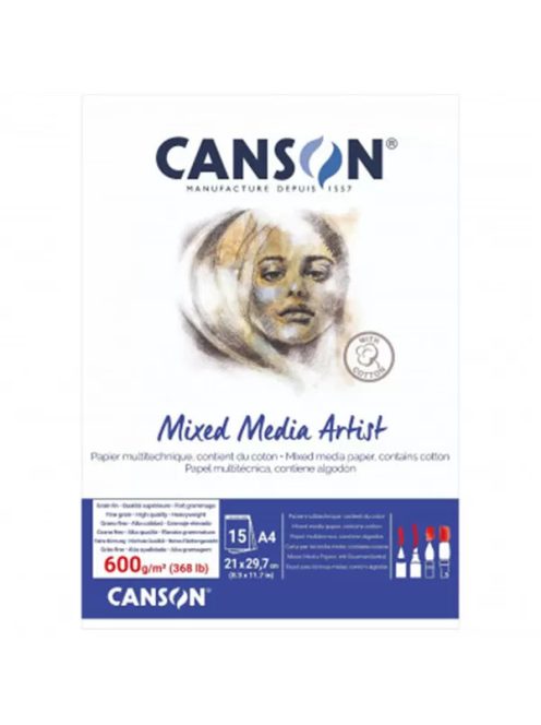CANSON MIX MEDIA Artist fehér, enyhén szemcsés rajztömb, röv. old. ragasztott, 300g/m2 25 ív A4