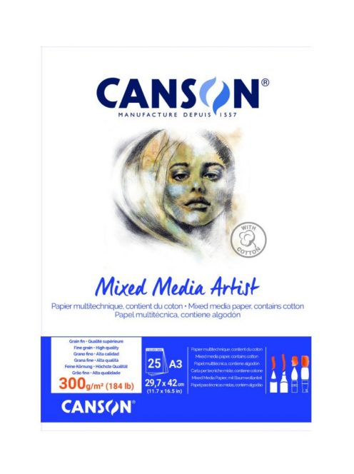 CANSON MIX MEDIA Artist fehér enyhén szemcsés rajztömb,  300g/m2 A3