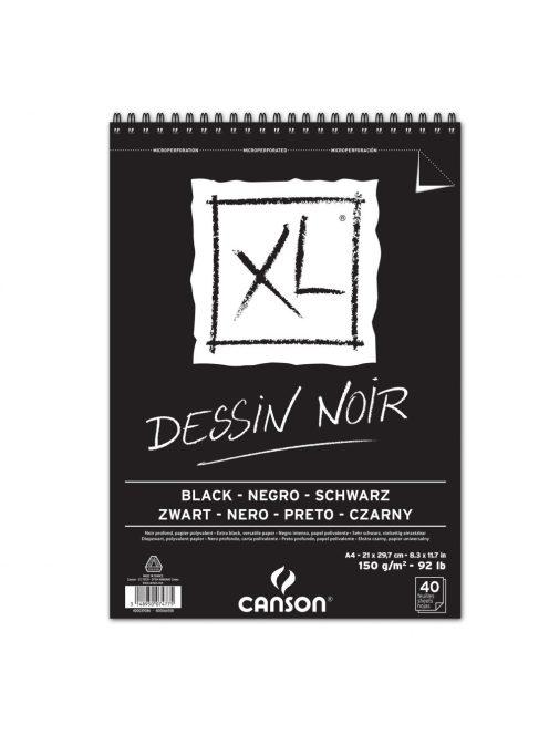 CANSON XL DESSIN NOIR, fekete fotókarton-tömb, spirálkötött, mikroperforált 150g/m2 40 ív A4