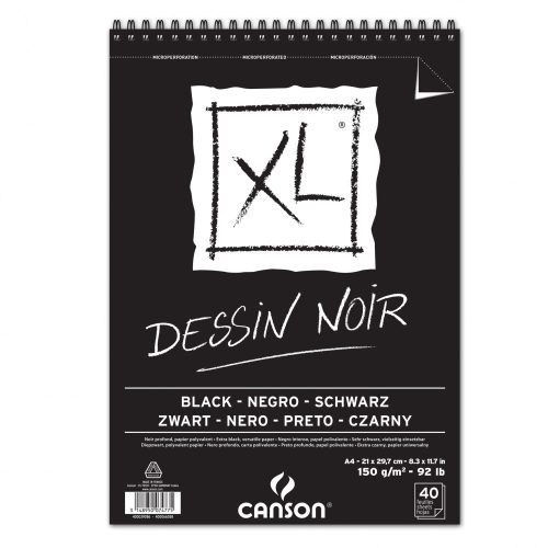 CANSON XL DESSIN NOIR, fekete fotókarton-tömb, spirálkötött, mikroperforált 150g/m2 40 ív A4