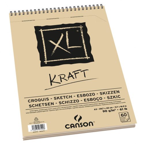CANSON XL KRAFT, natúr barna színű rajztömb, spirálkötött, mikroperforált 90g/m2 60 ív A3
