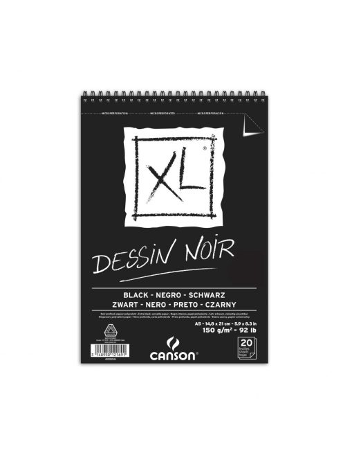 CANSON XL DESSIN NOIR, fekete fotókarton-tömb, spirálkötött, mikroperforált 150g/m2 20 ív A5