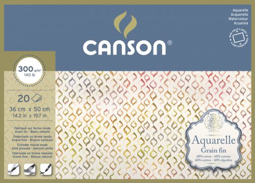 Aquarell CANSON, savmentes akvarelltömb, 100 % pamutból, 20 ív 4-oldalt ragasztott, 300 gr, finom, 36x50 cm