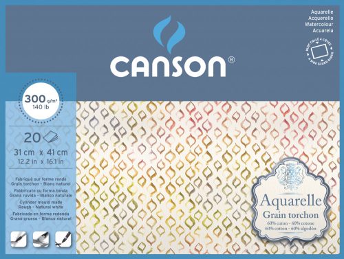 Aquarell CANSON, savmentes akvarelltömb, 60 % pamutból, 20 ív 4-oldalt ragasztott, 300 gr, érdes, 31x41 cm