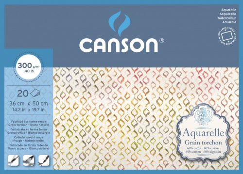 Aquarell CANSON, savmentes akvarelltömb, 60 % pamutból, 20 ív 4-oldalt ragasztott, 300 gr, érdes, 36x50 cm