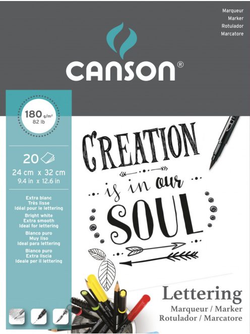 CANSON "Lettering" extrafehér, síma rajzpapír, tömb rövid old. rag. (tus, tinta, filctoll, ceruza, stb..) 180g/m2 20 ív 24 x 32 - Kifutó termék
