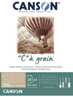 C á grain rajztömb, rövid oldalán ragasztott, okker színű, finom szemcsés felületú, 250g/m2 30 ív A3
