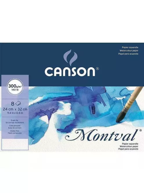 MONTVAL savmentes akvarelltömb, 100 % alfa cellulózból, (1-oldalt ragasztott) 300 gr, 12 ív, finom - A4