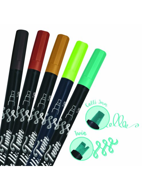 Calli.Twin szett - Kétvégű marker készlet, 5 színű - 3 mm + ikerhegy 2 mm és 1 mm