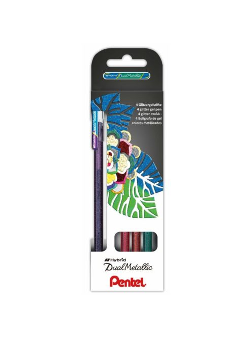 Pentel zselés rollertoll Dual-Hybrid 4 darabos szett  - lila/metálkék, pink/metálpink, narancs/metálcitrom, zöld/metálkék