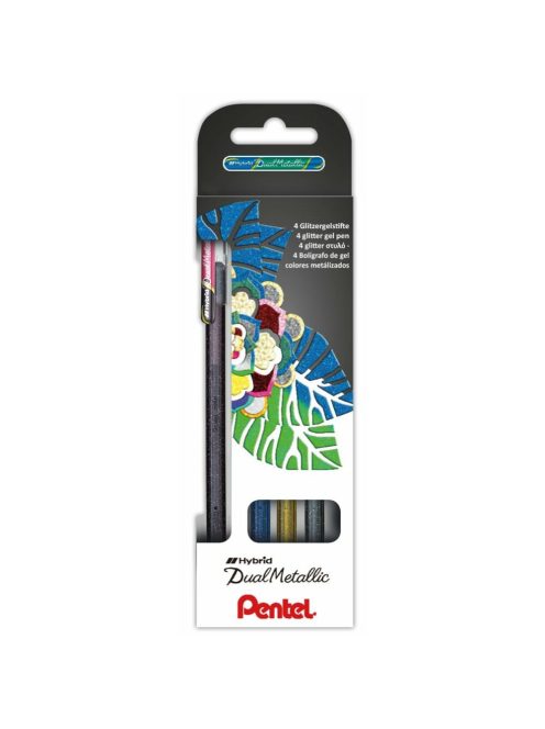 Pentel zselés rollertoll Dual-Hybrid 4 darabos szett - fekete/metálpiros, kék/metálzöld, arany, ezüst