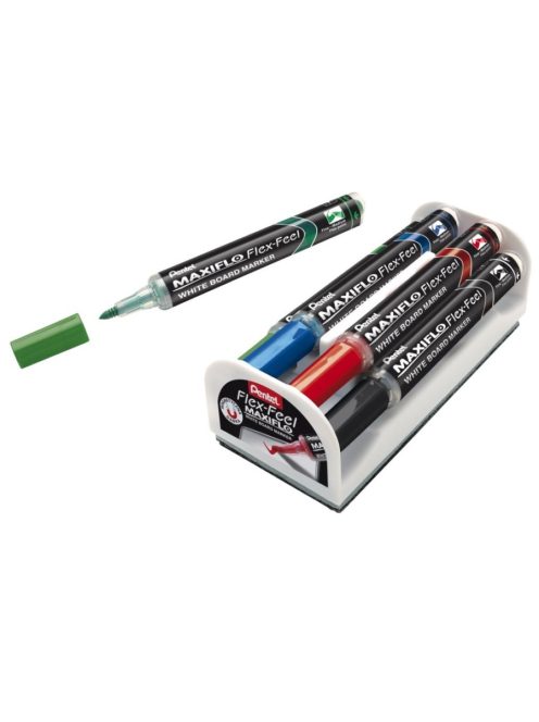 Pentel Maxiflo Flex Feel hajlékonyhegyű táblamarker 1-5 mm 4 db-os készlet törlő szivaccsal - fekete, zöld, piros, kék