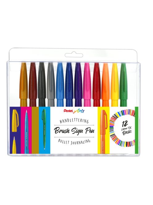 Pentel Brush Sign Pen kalligrafikus hajlékony hegyű ecsetfilc készlet - 12 színű szett, Alapszínek