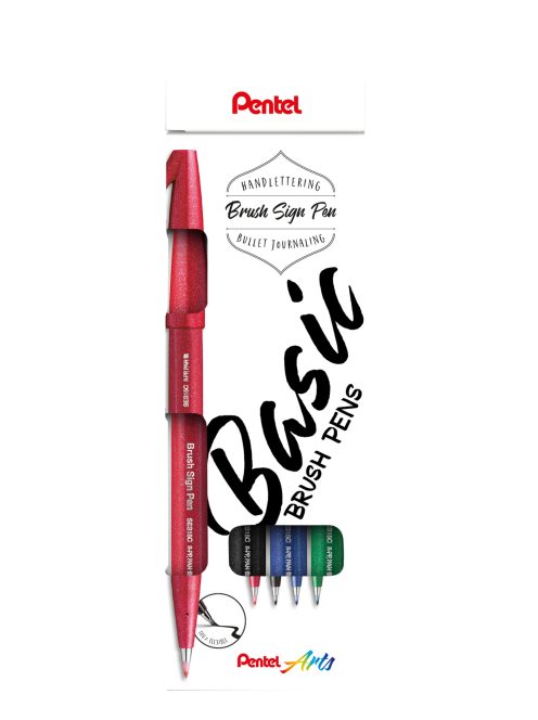 Pentel Brush Sign Pen kalligrafikus hajlékony hegyű ecsettoll szett 4 db-os - fekete, piros, kék, zöld