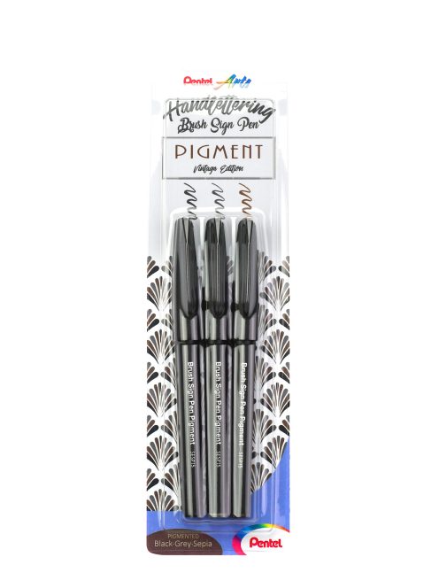 Pentel Brush Sign Pen ecsetfilc, pigmentált, 3 db-os szett - Fekete, szépia, szürke
