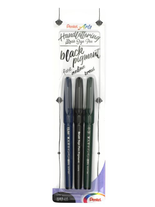 Pentel Brush Sign Pen ecsetfilc, pigmentált fekete - 3 féle heggyel - vékony, közepes, vastag