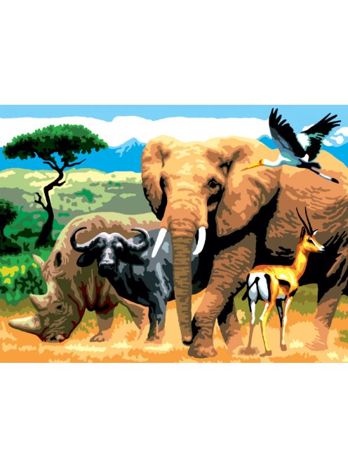 Kifestő készlet akrilfestékkel, ecsettel, gyerekeknek 11 éves kortól - 30x40 cm - Afrikai állatok