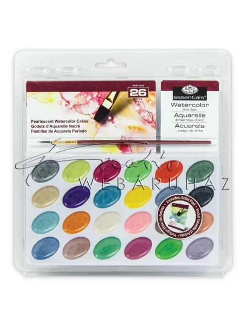 Gyöngyházfényű akvarell festékkészlet ecsettel és akvarell tömbbel - Gombos akvarellkészlet áttetsző csomagolásban - 24 színű készlet